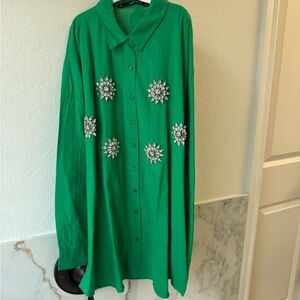 Orfenegro Green Rhinestone Button-Up Shirt